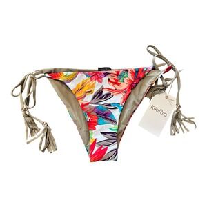 KikiRio Floral Tropical Bikini Bottoms Tie‎ Side Tassel Detail Swimsuit L NWT